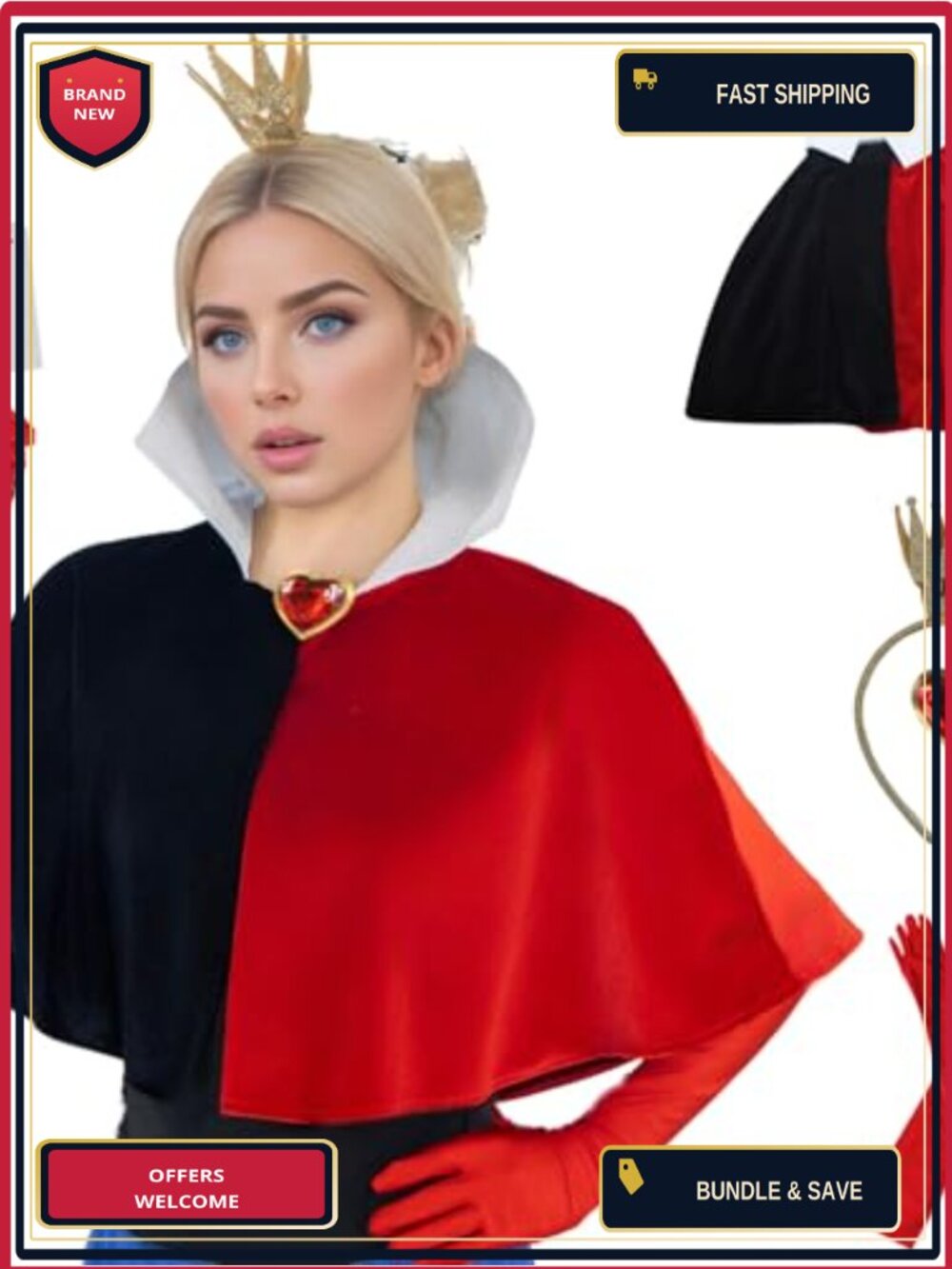 Velvet Cape Crown Headband Gloves Heart Rhinestone Pin Costume Accessory Set